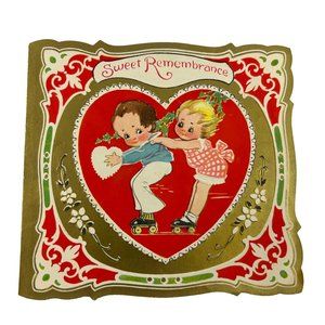 Vintage Valentines Greeting Card Embossed Roller Skates Heart Boy Girl Ephemera